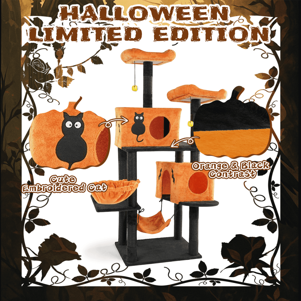 Tcbosik Halloween Cat Tree, 61" Cat Tower with Cat Condos, Padded Perches and Hammocks, Multi-Level Cat Activities Furniture with Scratching Posts and Hanging Balls, Orange & Black