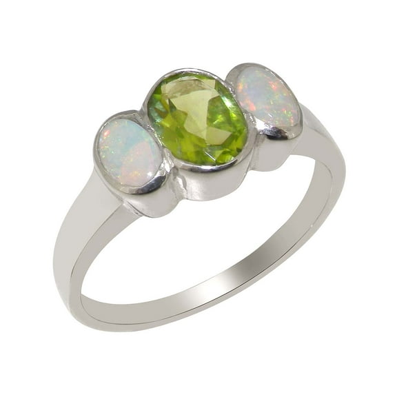 LBG British Made 925 Sterling Silver Natural Peridot & Opal Womens Anniversary Ring - 33 size options - Size 10