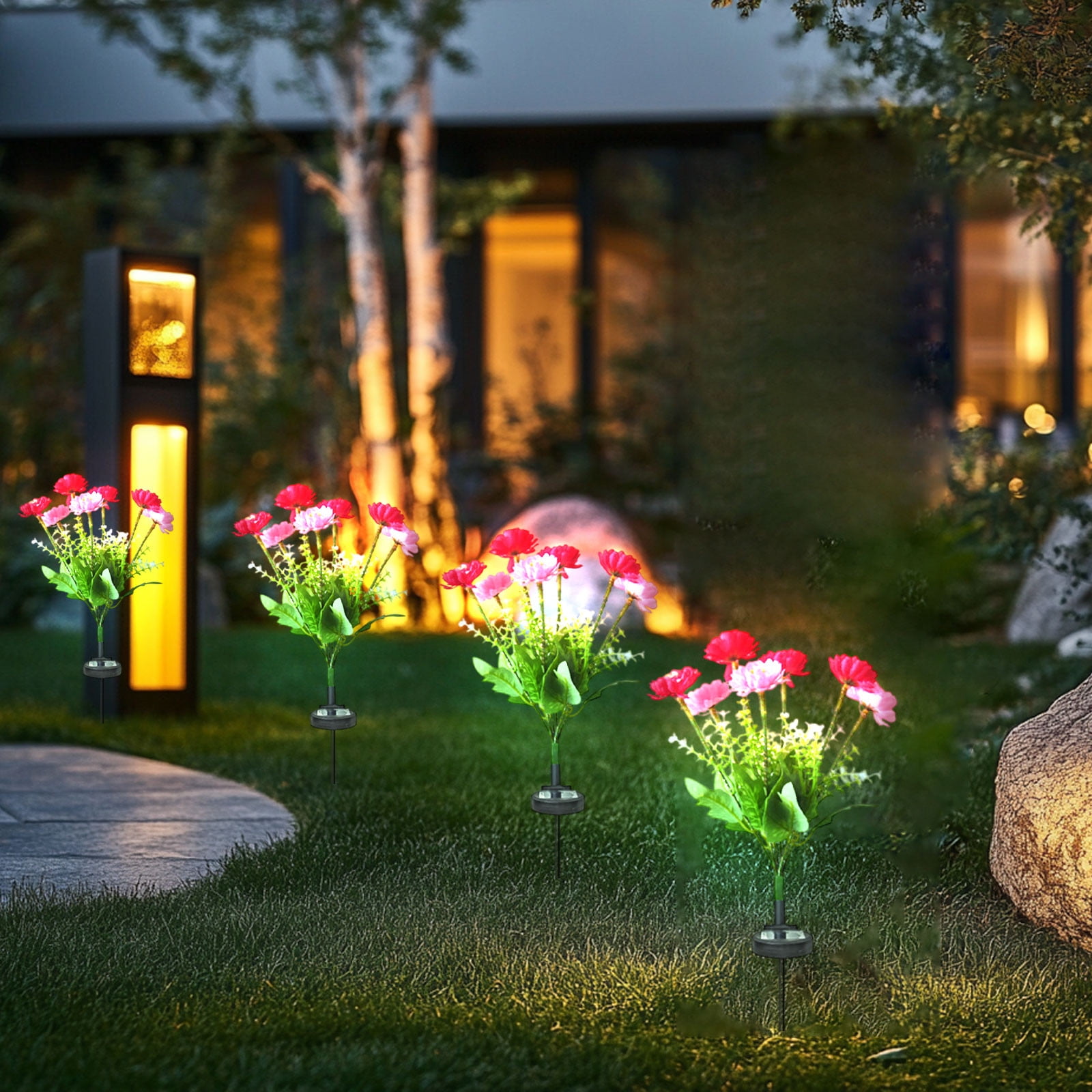 Solar Garden Lights LED Colorful Waterproof Realistic Solar Powered Snow Lotuss Landscape Lights Automatic Lighting In Darkness for Pathway Patio Yard Garden Decor (Rose red + Pink)