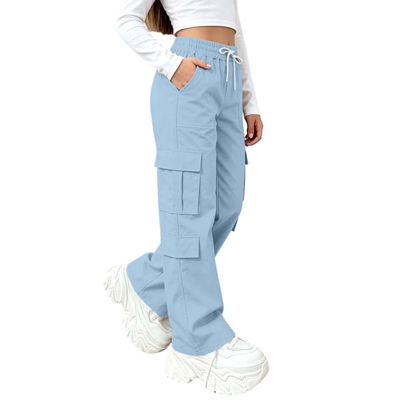 Edvintorg Girls Cargo Pants Elastic Waisted Outdoor Hiking Pant Loose Wide Leg Workout Trouser with Pocket Teen Girl Clothes Size 5-15