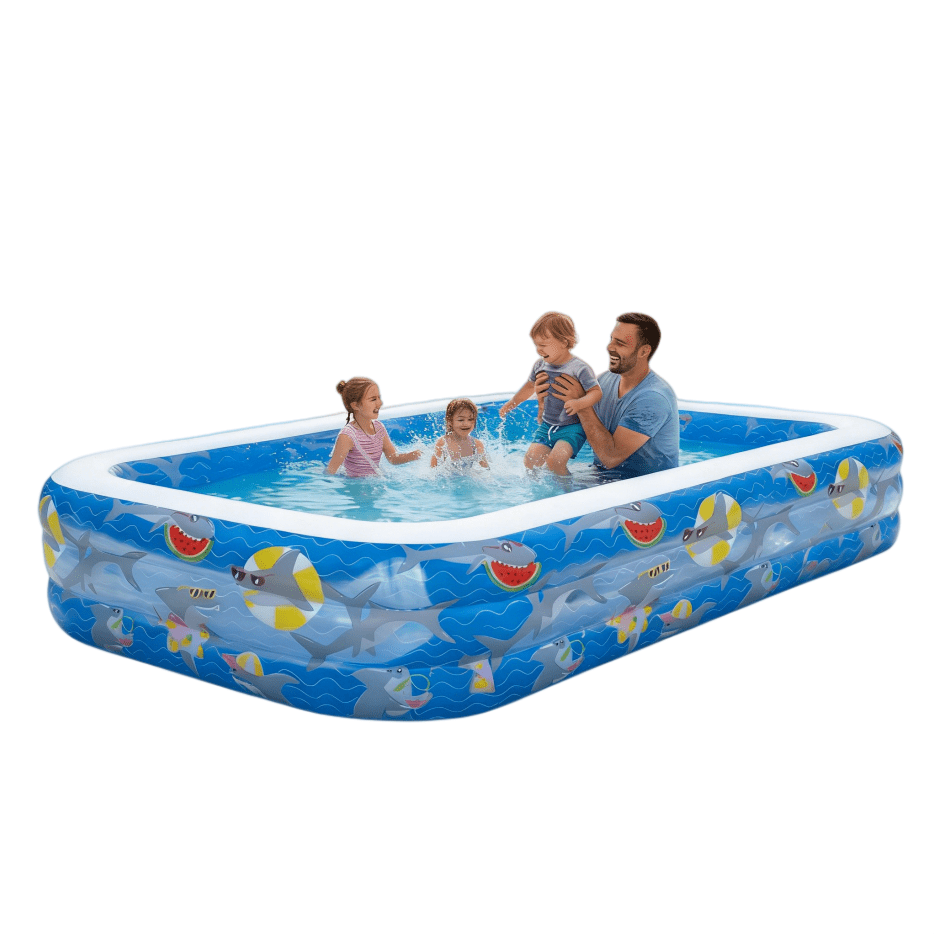 3-Ring Rectangular Inflatable Kiddie Pool with Shark Pattern, BPA-Free Family Swimming Pool for Backyard, Garden & Indoor Summer Fun