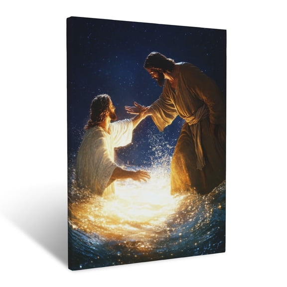 CozyNet Jesus Reaching For Peter A Moment Of Rescue & Faith As They Stand On Glowing Waters Wall Art Prints With Frame Canvas Perfect for Living Room & Bedroom, Ready to Hang, Wall Decor 12"x16"
