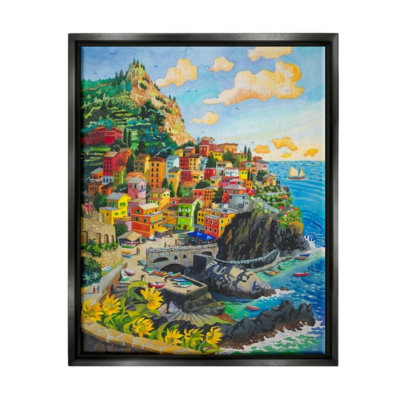 Stupell Industries Cinque Terre View Travel & Places Painting Black Floater Framed Art Print Wall Art, 17 x 21