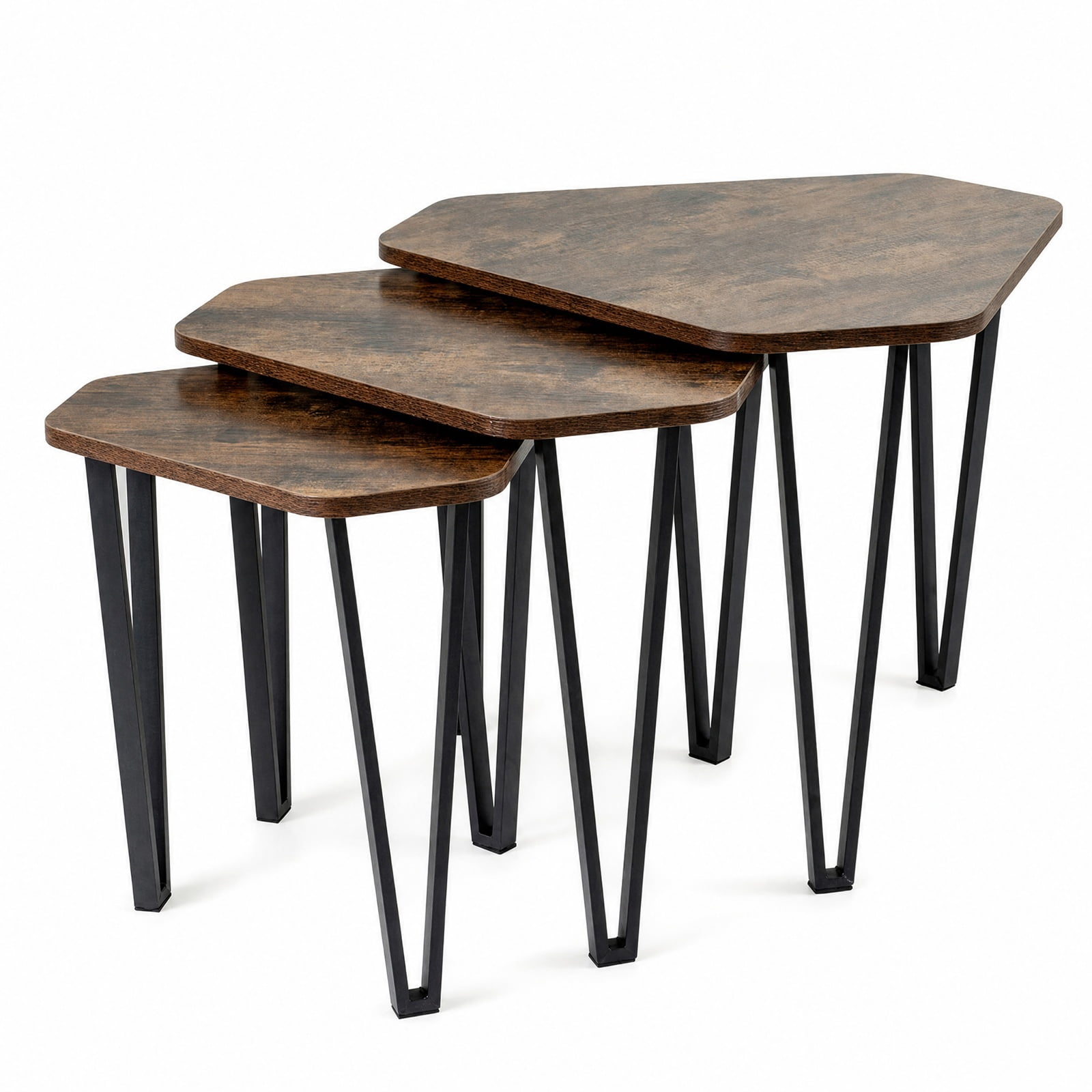Furnibear Set of 3 Nesting Coffee Tables with Engineered Wood Top and Metal Frame for Living Room Bedroom and Guest Room, Rustic Brown