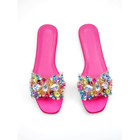 

Women Jewelled Decor Clear Strap Slide Sandals Glamorous Jelly Flat Sandals Women‘s Footwear