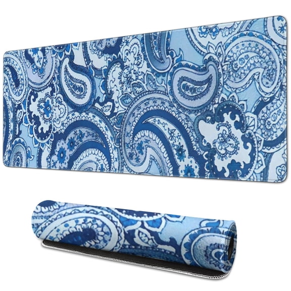 Long Mouse Pads for Desk,Blue Paisley Pattern Desk Mats on Top Of Desks, Desk Mouse Pad Extra Large with 3mm Non-Slip Base and Stitched Edge for Gaming,Office,Work,Home 31.5"x11.8"