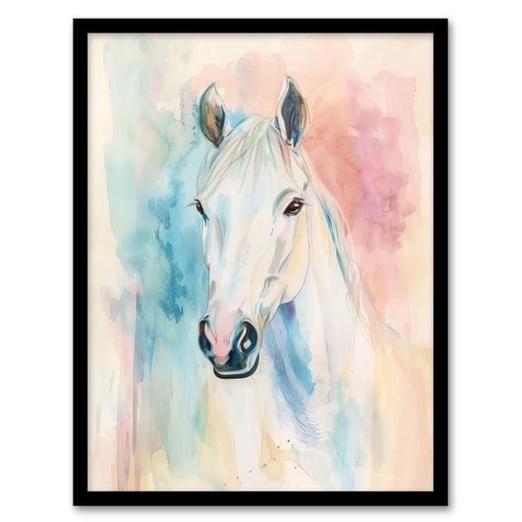 Artery8 Pastel Watercolour White Horse Head Portrait Living Room Art Print Framed Poster Wall Decor 12x16 inch