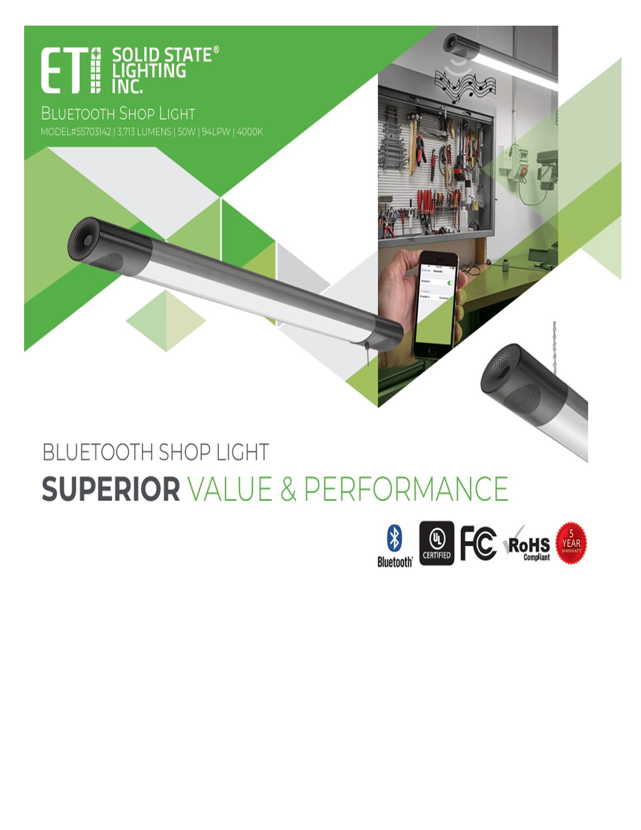 ETI 42” Ultra Bright Bluetooth LED Shop Light with Pull Chain, 3713 Lumens, 4000K Cool White Light, 120V, 80CRI, 55703142