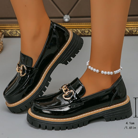 Viluyesy Loafers for Womens, Lug Sole Faux PU Leather Comfortable Fashion Dress Platform Shoes Black US9