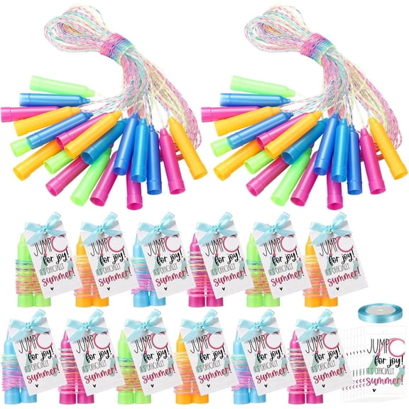 Natonhi 30 Sets End of Year Gift Set from Teacher Includes 30 Rainbow Jump Rope 30 Gift Cards with 1 Roll Blue Ribbon 6.3ft Adjustable Jump Rope for Prizes Summer End of Year Party Outdoor Sport