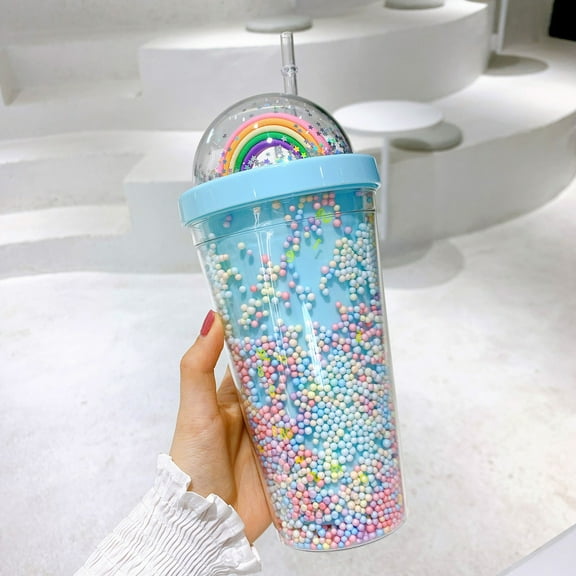 JingChun Tumbler with Lid and Straw - Water Cup Summer Colorful Bubble Straw Cup Girl Heart Students High Value Water Cup Summer Cold Drinks Portable Plastic Cups Drinking Cup