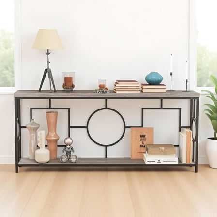 Topcobe 2-Tier Faux Marble Top Console Table with Storage Shelf for Hallway, Modern Furniture for Indoor, Living Room, Rustic Brown