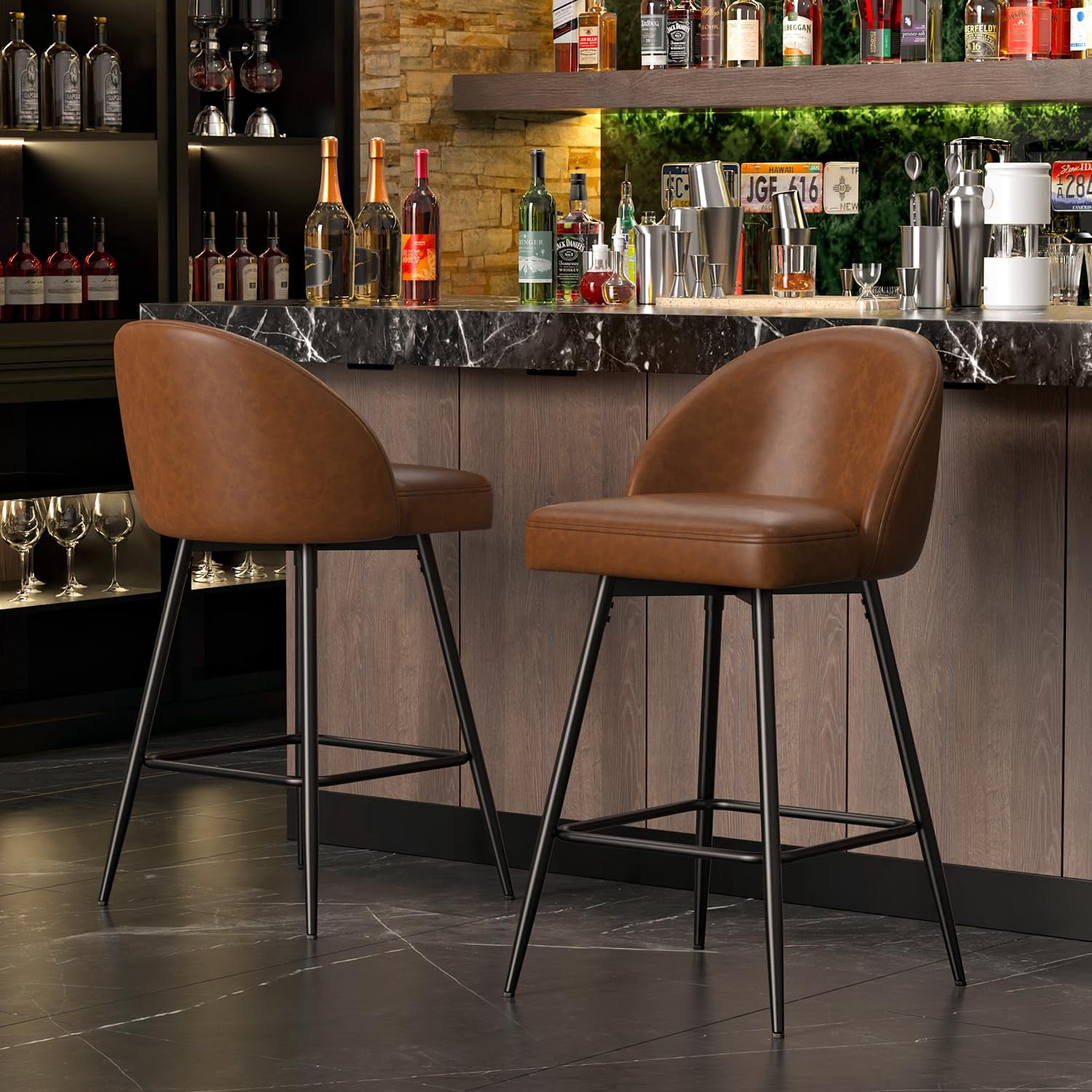 JULY'S SONG Counter Height Bar Stools with Back Sets of 2, 360°Swivel Upholstered Barstools with Metal Legs, 27" Seat Height Bar Stool for Kitchen Island, Faux Leather in Brown