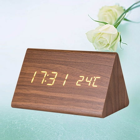 Pretyzoom Modern Brown Wood Digital Alarm Clock with Temperature Display, Silent Mode, and Easy-to-Read LED Screen