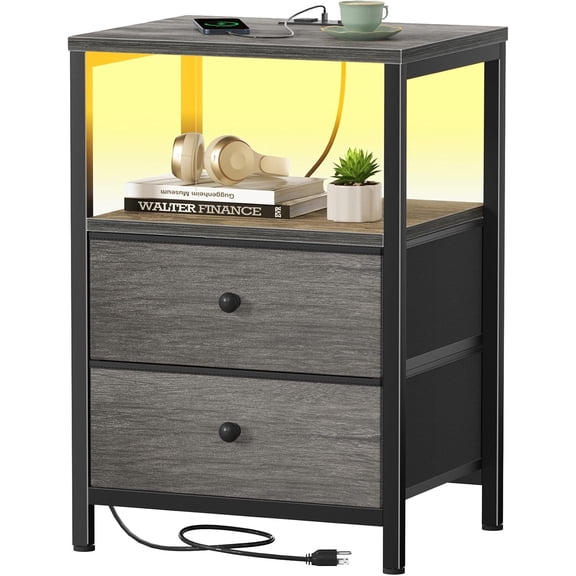 Gray Nightstand with Charging Station, LED Night Stand, 2 Fabric Drawers, Bedside Table with USB Ports & Outlets, Modern Bedroom Furniture