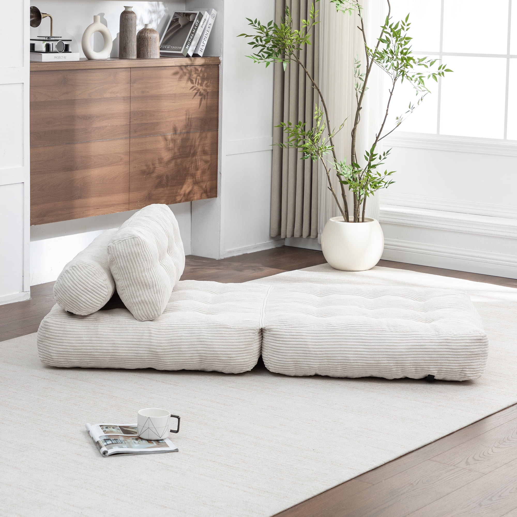 Foldable Floor Couch Converts to Bed, Portable Folding Sofa Bed with Lumbar Support Pillow for Apartments and Guest Room, Beige Corduroy