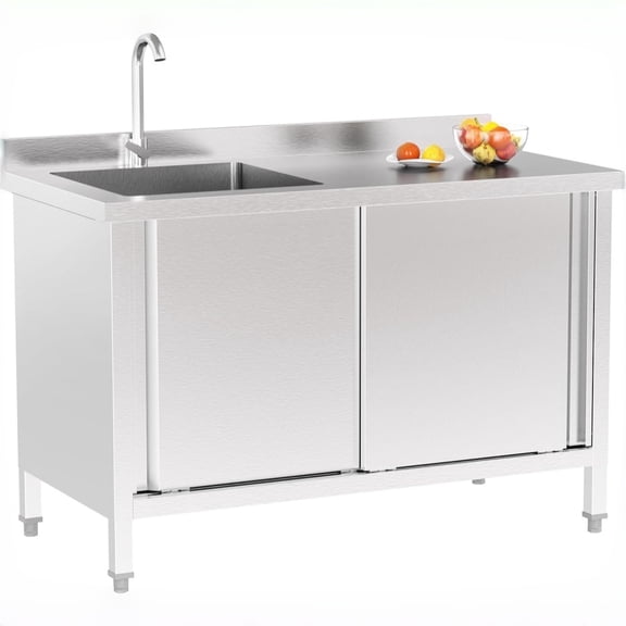 Ktaxon Commercial Stainless Steel Utility Sink with Cabinet, Freestanding Deep Basin Prep & Cleaning Station for Restaurant, Laundry, Garage & Outdoor Use