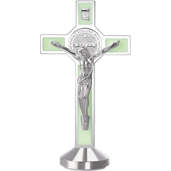 2Pcs 3 Inch Alloy Enamel Saint Benedict Standing Crucifix Luminous Glow in The Dark Crucifix Wall Cross with Sticker on bottom to stick on Table Top,Car or Home Alter