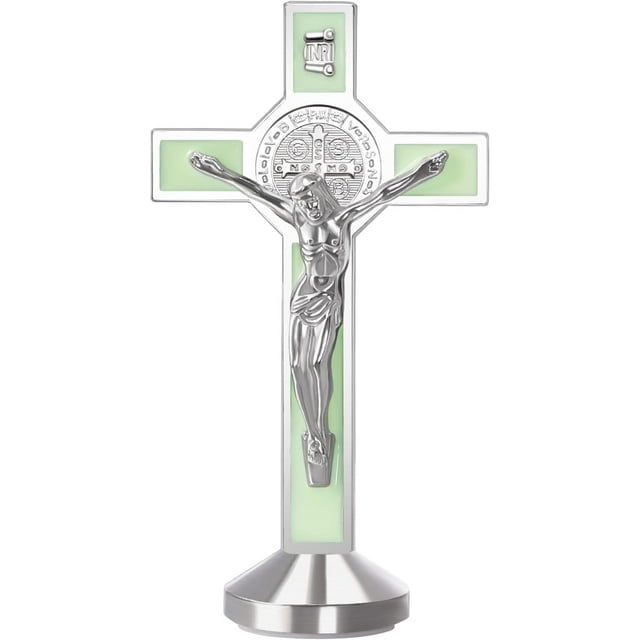 2Pcs 3 Inch Alloy Enamel Saint Benedict Standing Crucifix Luminous Glow in The Dark Crucifix Wall Cross with Sticker on bottom to stick on Table Top,Car or Home Alter
