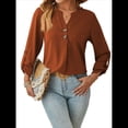 thumbnail image 3 of Camisas Holgadas de Larga Tipo Farol para Mujer, Blusas con Puños Fruncidos para el Trabajo, Blusas de Otoño. Rojo Marrón L, 3 of 10