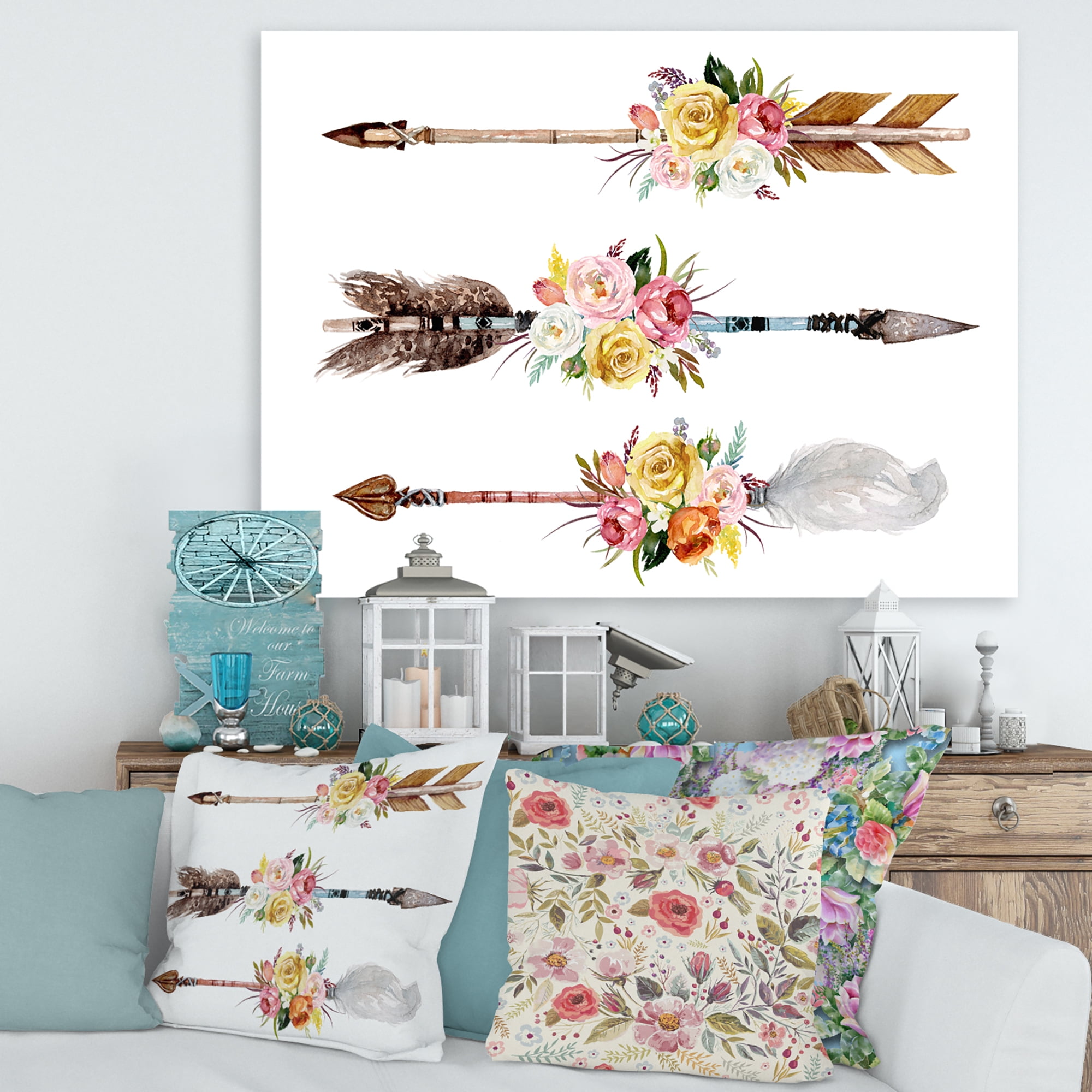 Designart ' Flowers and Ethnic Feathers On Native Arrows II ' Bohemian & Eclectic Canvas Wall Art Print