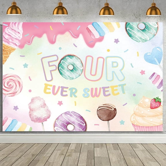 7x5Ft Donut 4th Birthday Backdrop for Girls Four Ever Sweet Birthday Photography Background Happy 4th Birthday Party Decorations Supplies Cake Table Banner Photo Booth Props