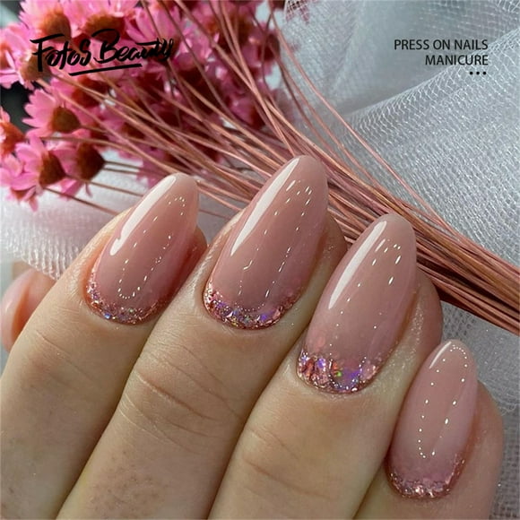 Fofosbeauty 24pcs Press on False Nails,Almond Fake Acrylic Nails, Sweet and Simple Solid Color Pink