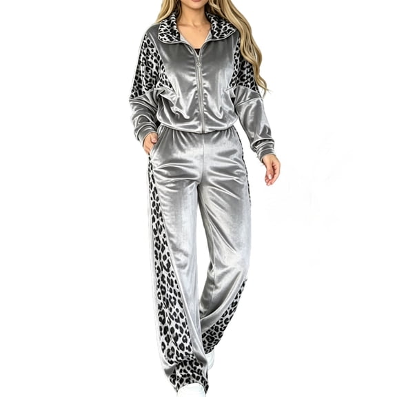 Szluipve 2 Piece Sets for Women Velvet Leopard Print Patchwork Tracksuit Zip Up Long Sleeve Jacket And Wide Leg Pants 2 Piece Outfit Casual Loungewear Set With Pockets Gray M