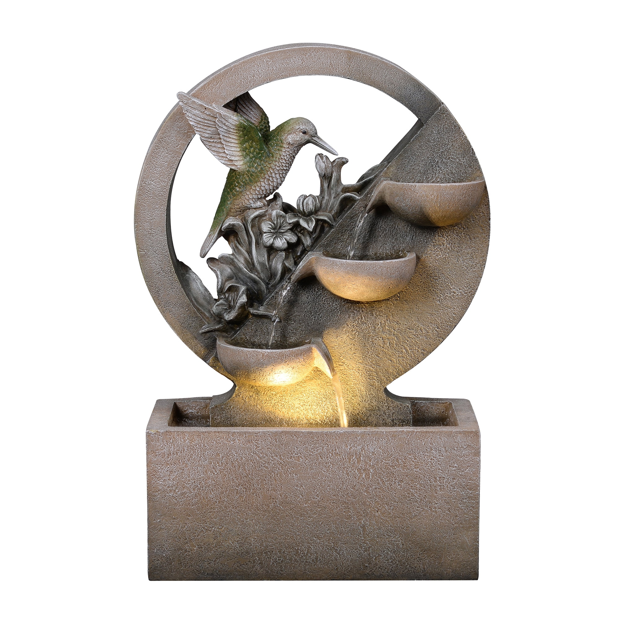 Hummingbird Cascading Bowl Fountain, Decorative Water Fountain with LED Lights and Quiet Pump, Indoor Outdoor Water Feature for Patio, Garden, Deck, Balcony, Office and Home Décor