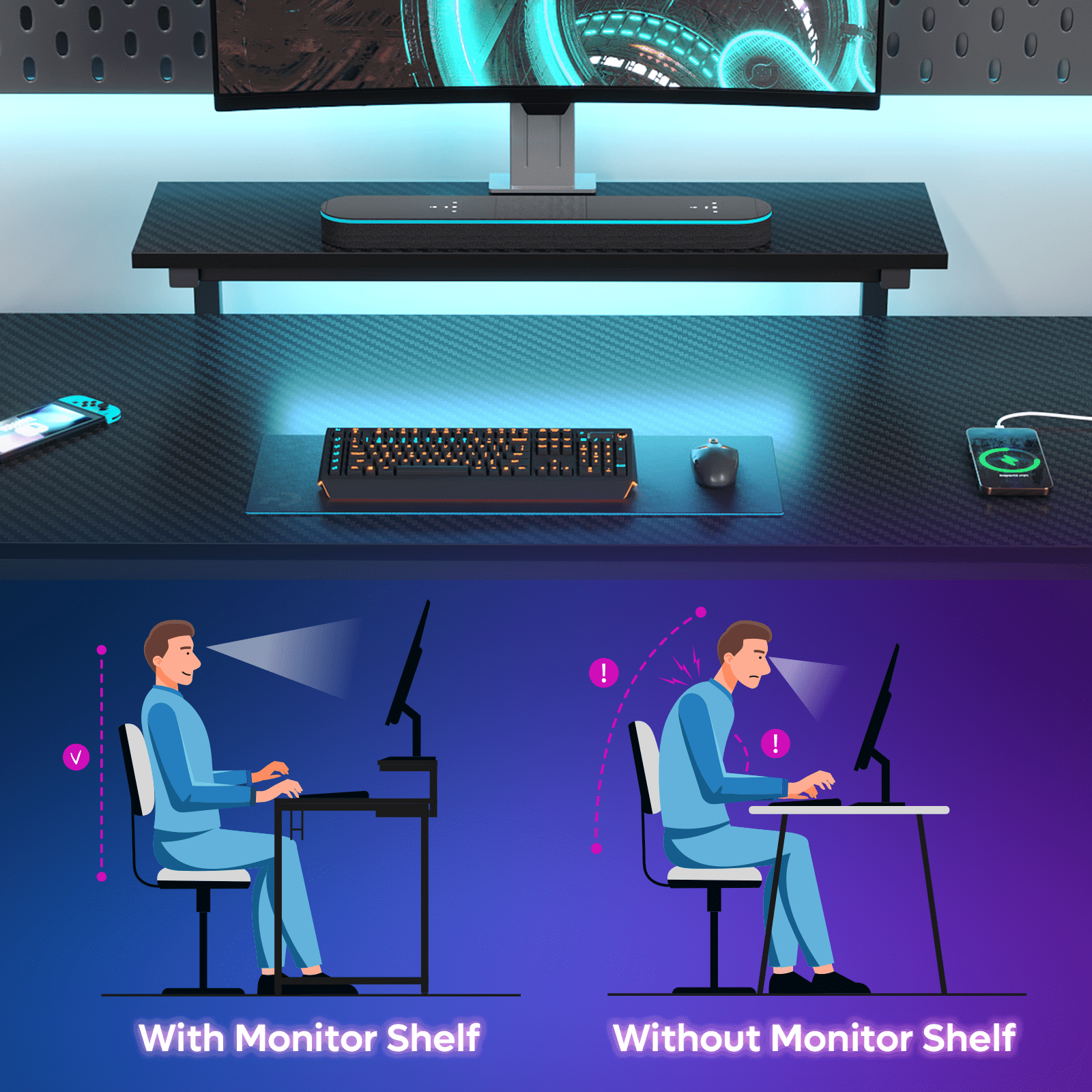 Bestier 58" Gaming Desk with LED Lights L Shaped Desk with Power Outlet & Monitor Stand Corner Computer Desk in Carbon Fiber