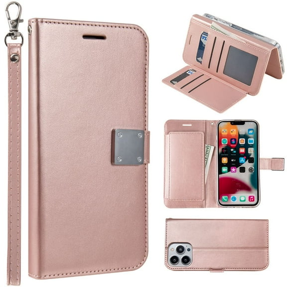 Bemz Pocket Clutch Wallet (6 Card Slots, Money Fold, ID Window) Case for iPhone 14 Pro Max - Rose Gold