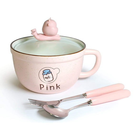 Microwavable Ceramic Noodle Bowl with Handle and Glass Lid Cute Cartoon