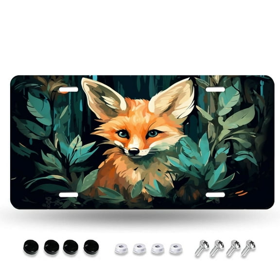 Cute Fox with Dark Green Leaves Front License Plate, Decorative Novelty Accessories Rust-Proof Stainless Steel 12X6IN