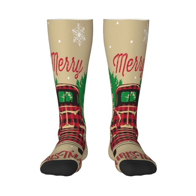Fotbe Christmas Vintage Red Truck Calcetas Divertidas Estampadas para Hombre y Mujer, Calcetas de Algodón hasta la Rodilla para Caminar, Correr, Enfermería y Embarazo