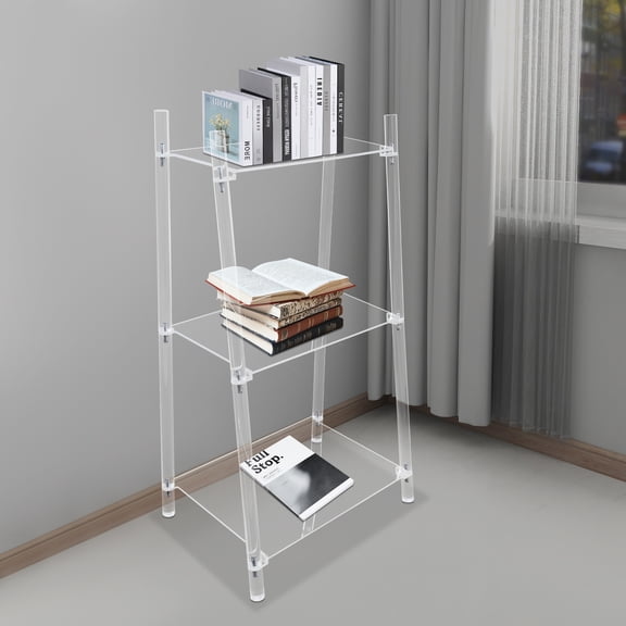 3 Tiers Modern Clear Bookshelf Acrylic Ladder Bookshelf Multipurpose Book Shelf Free Standing 15.6*11.6*32in