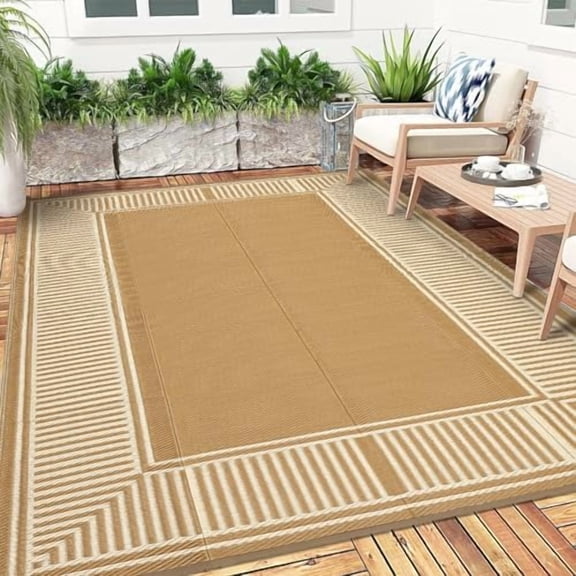 10Γ20 FT Reversible Outdoor Patio Rug, Waterproof Plastic Straw Beige Border Carpet