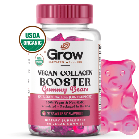 Grow Vitamin Collagen Gummies for Skin, Hair, Nails & Joints - 60 Strawberry Vegan Pectin Supplements