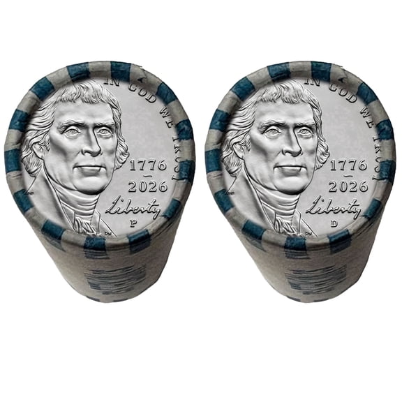 America 250 Jefferson Nickel 1776–2026 Uncirculated Rolls Set Both P & D Mint, 2 FULL ROLLS