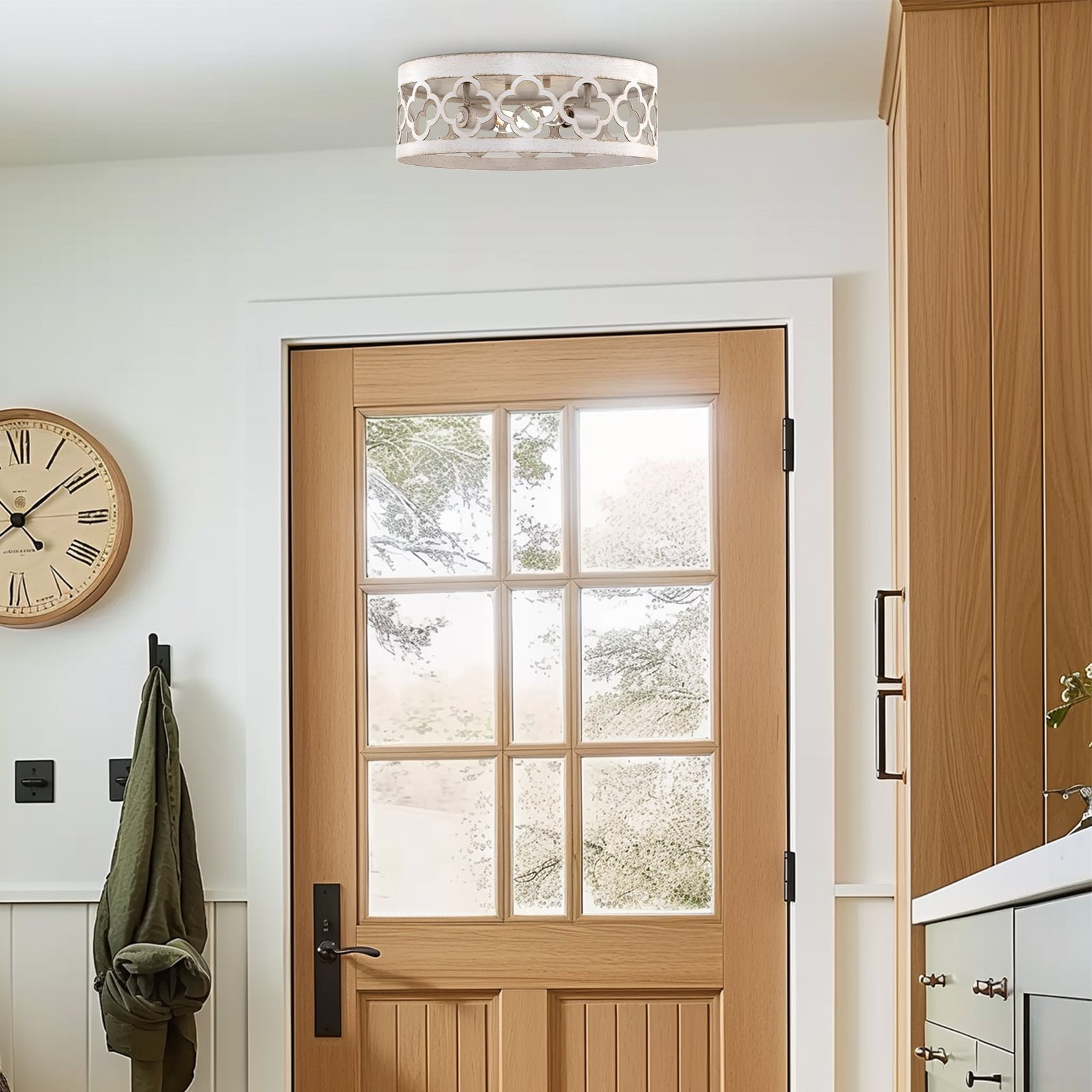 Kira Home Sutton 13" Farmhouse Quatrefoil Flush Mount Ceiling Light, Distressed White Metal Drum Shade, Antique White
