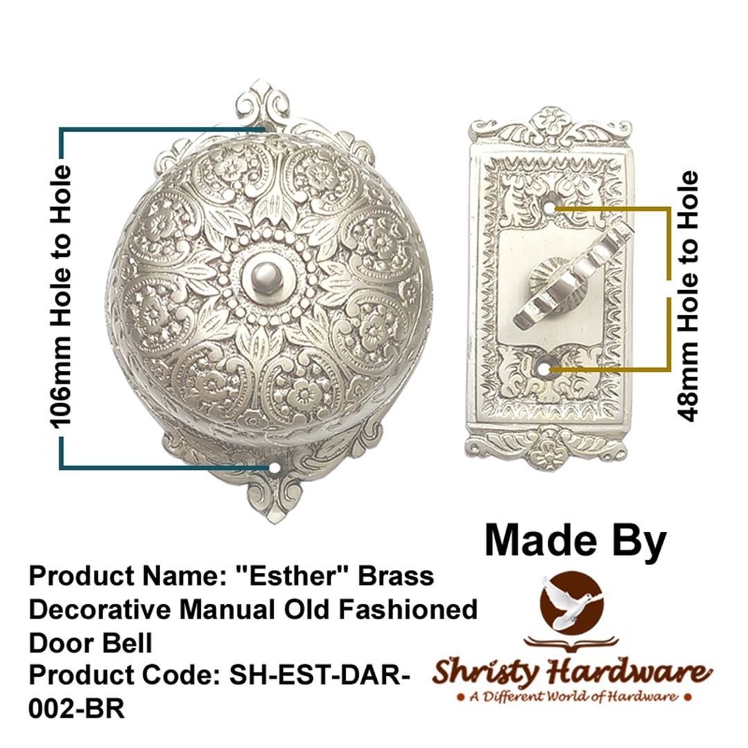 Shristy Hardware "Esther" Brass Manual Old Fashioned Door Bell – Vintage Twist Bell with Key Plate – Mechanical Doorbell for Home – (Pack of 1 Satin Nickel Finish) - PT-2