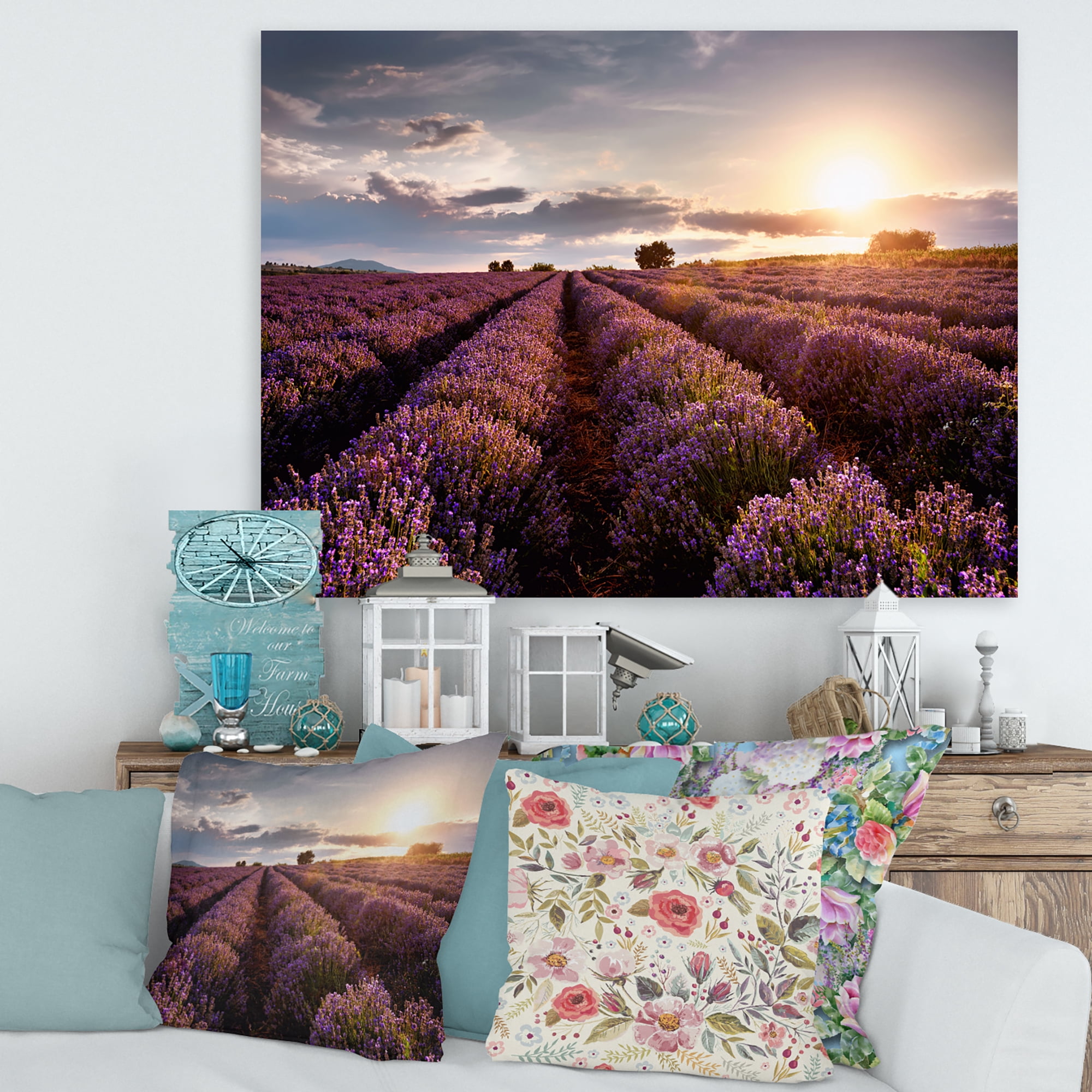 Designart ' Dramatic Clouds and Sunrise Over Lavender Field V ' Farmhouse Canvas Wall Art Print
