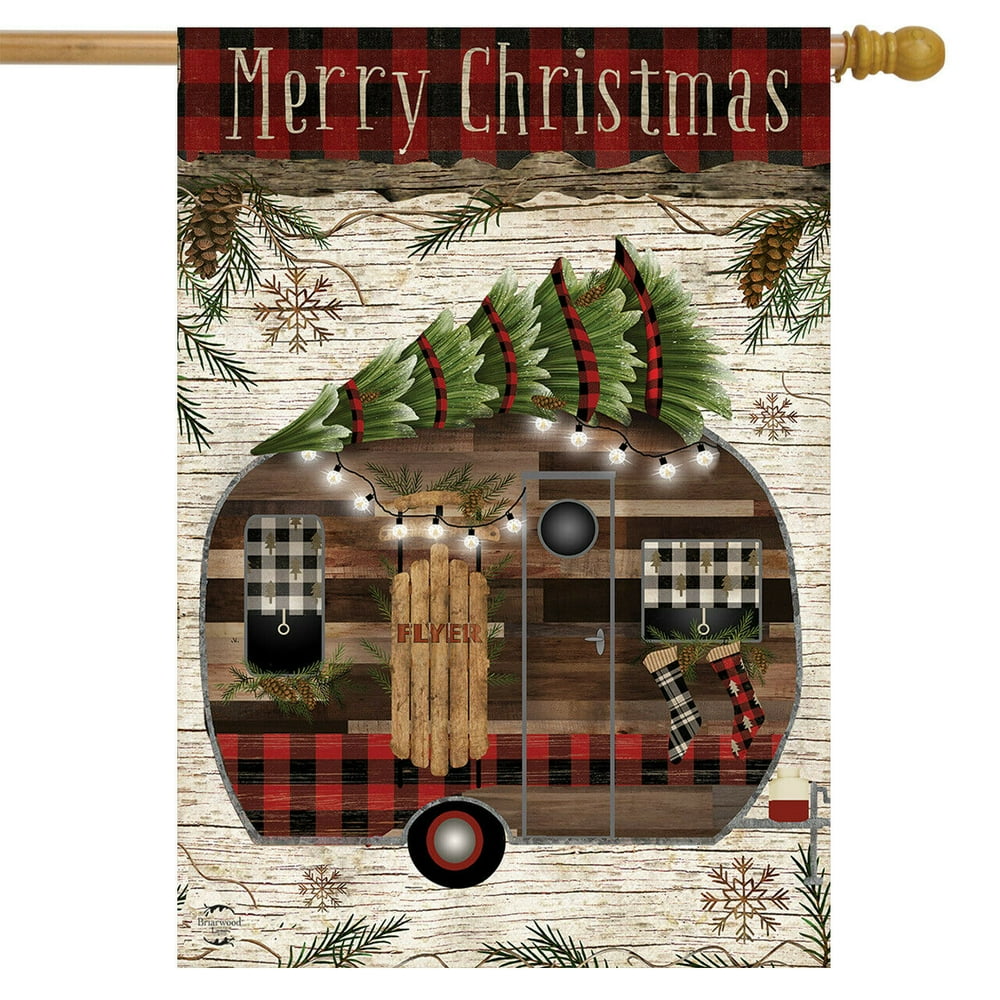 Merry Christmas Camper Primitive House Flag Fir Trees 28" x 40