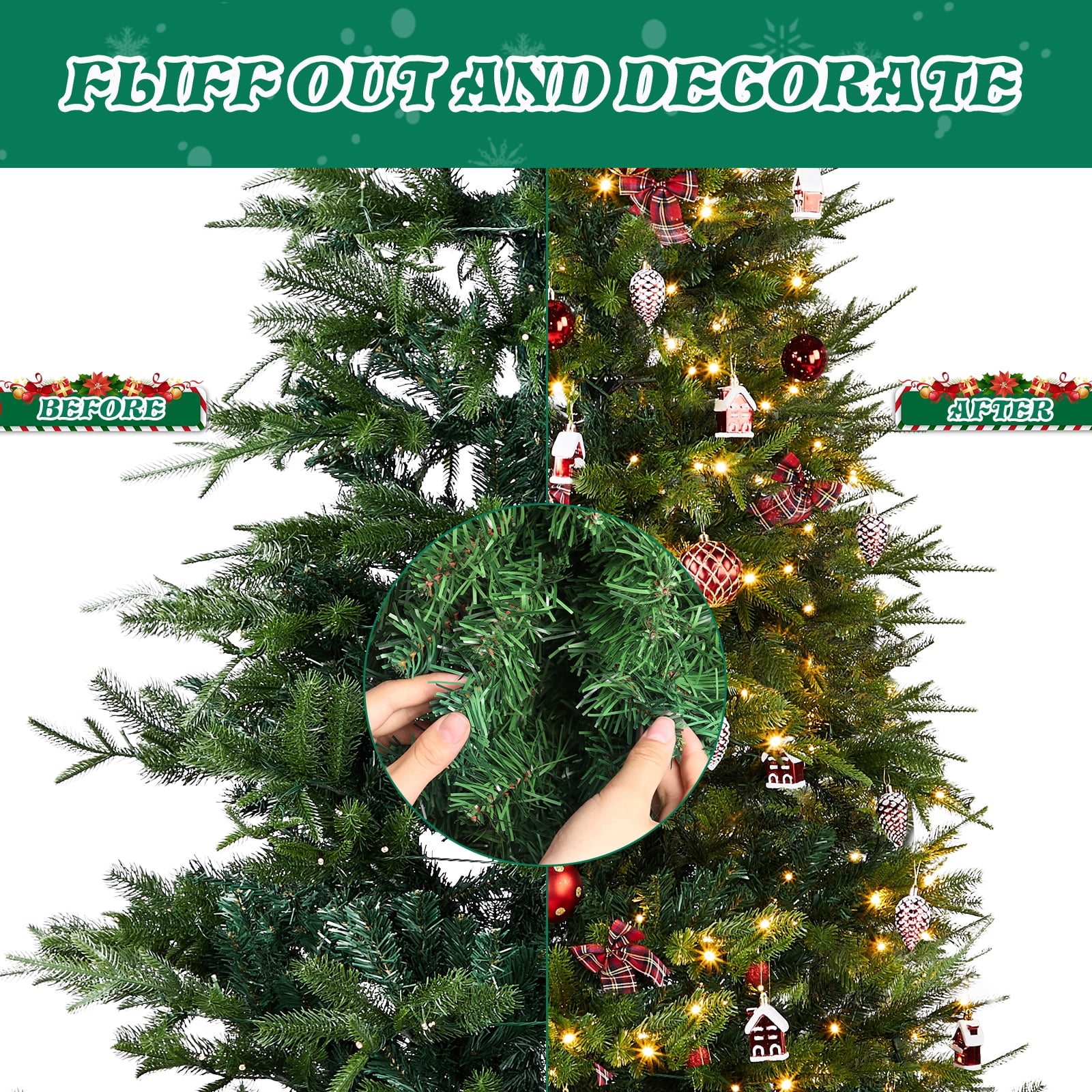 Astoutdoor 7.5 ft Artificial Christmas Tree with 400 Warm White LED Lights, Hinged Pine Tree with Tree Skirt and Ornaments, Green