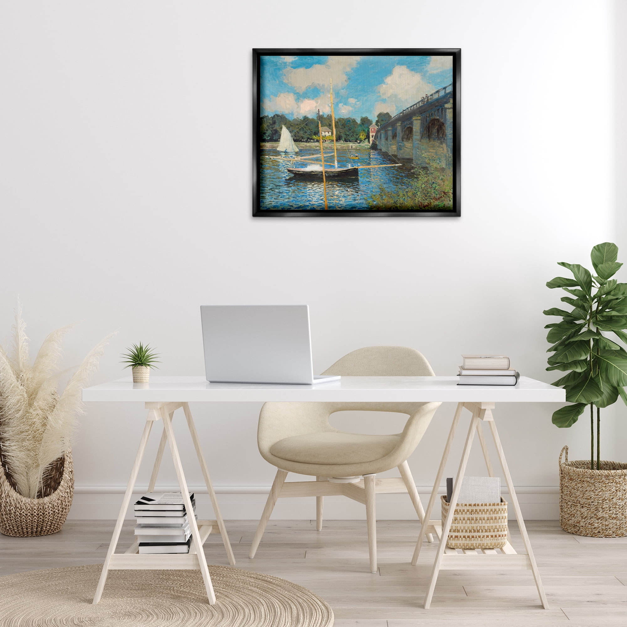Stupell Industries Classic River with Boats Sailing Landscape & Nature Painting Black Floater Framed Canvas Art Print Wall Art, 31 x 25