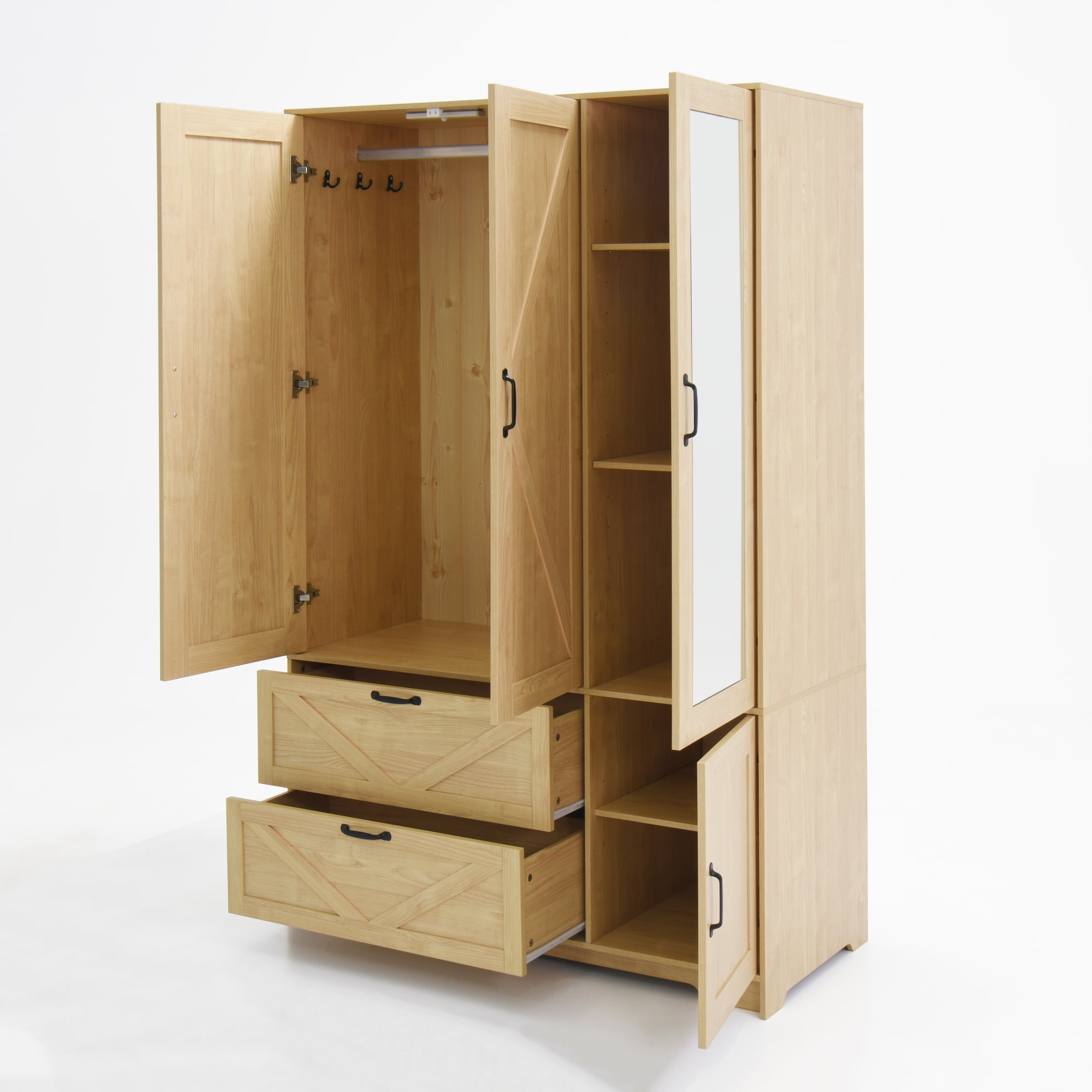 Noble House 4 Doors Wardrobe Closet with Mirror, LED Light and Drawers, Natural