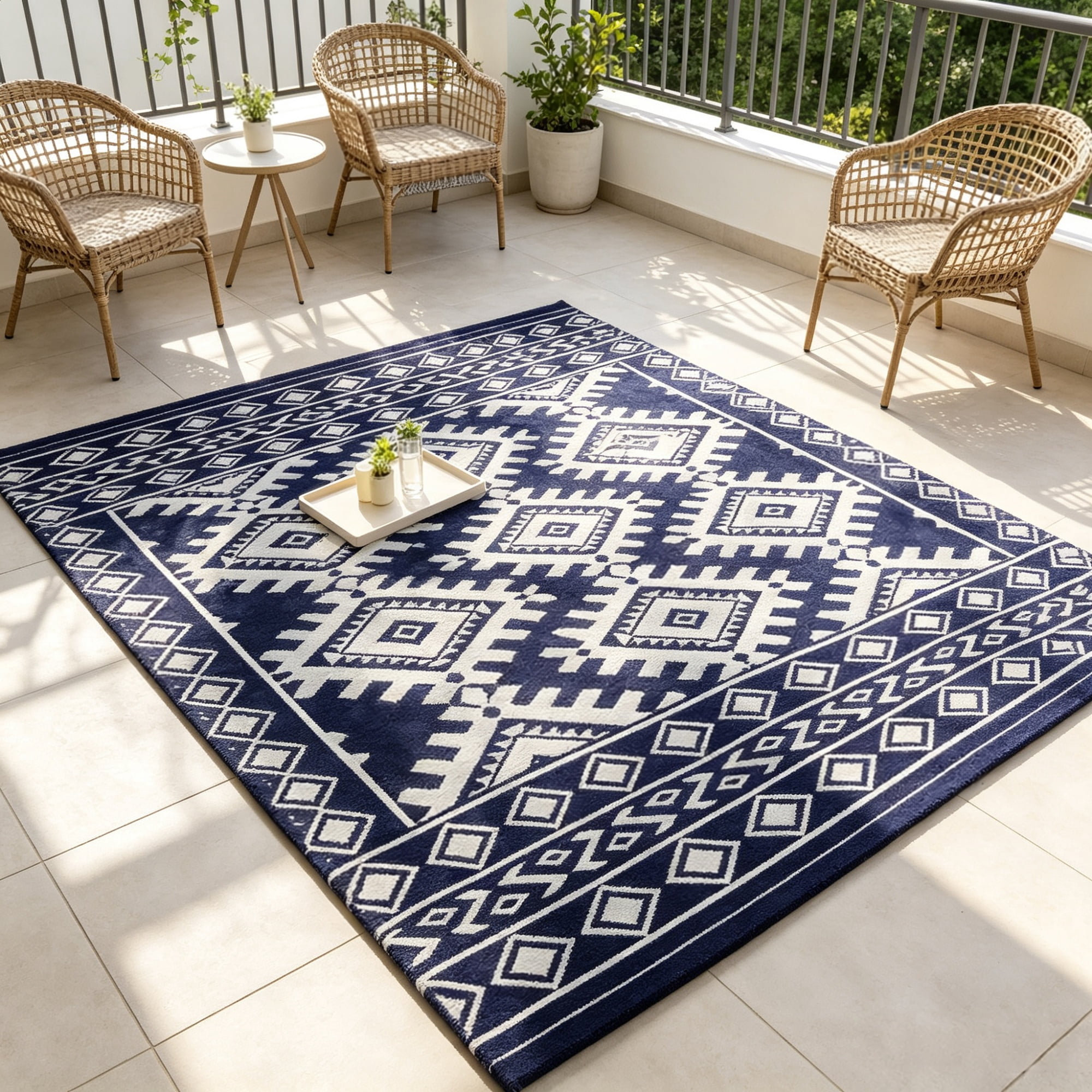 8' x 10' Waterproof Reversible Outdoor Rug: Blue White Rhombus Border Plastic Straw Rug with Carry Bag