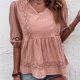 thumbnail image 3 of Blusa con costuras de encaje con escote en V, blusa informal ajustada con encaje en contraste, camisa para mujer, verano, rosa, M, 3 of 7