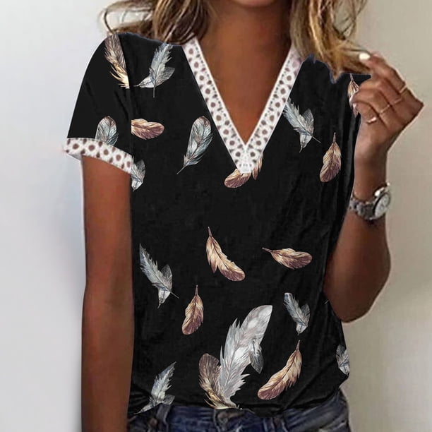 ICHUANYI Clearance Fashion Women's Summer V-Neck Lace Patchwork Short Sleeve Casual Top Blouse(Black, M) ICHUANYI WER2023081012670
