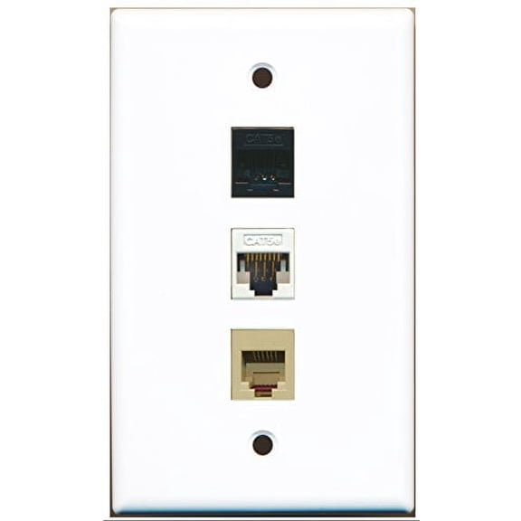 RiteAV - 1 Port Phone RJ11 RJ12 Beige and 1 Port Cat5e Ethernet White and 1 Port Cat5e Ethernet Black Wall Plate