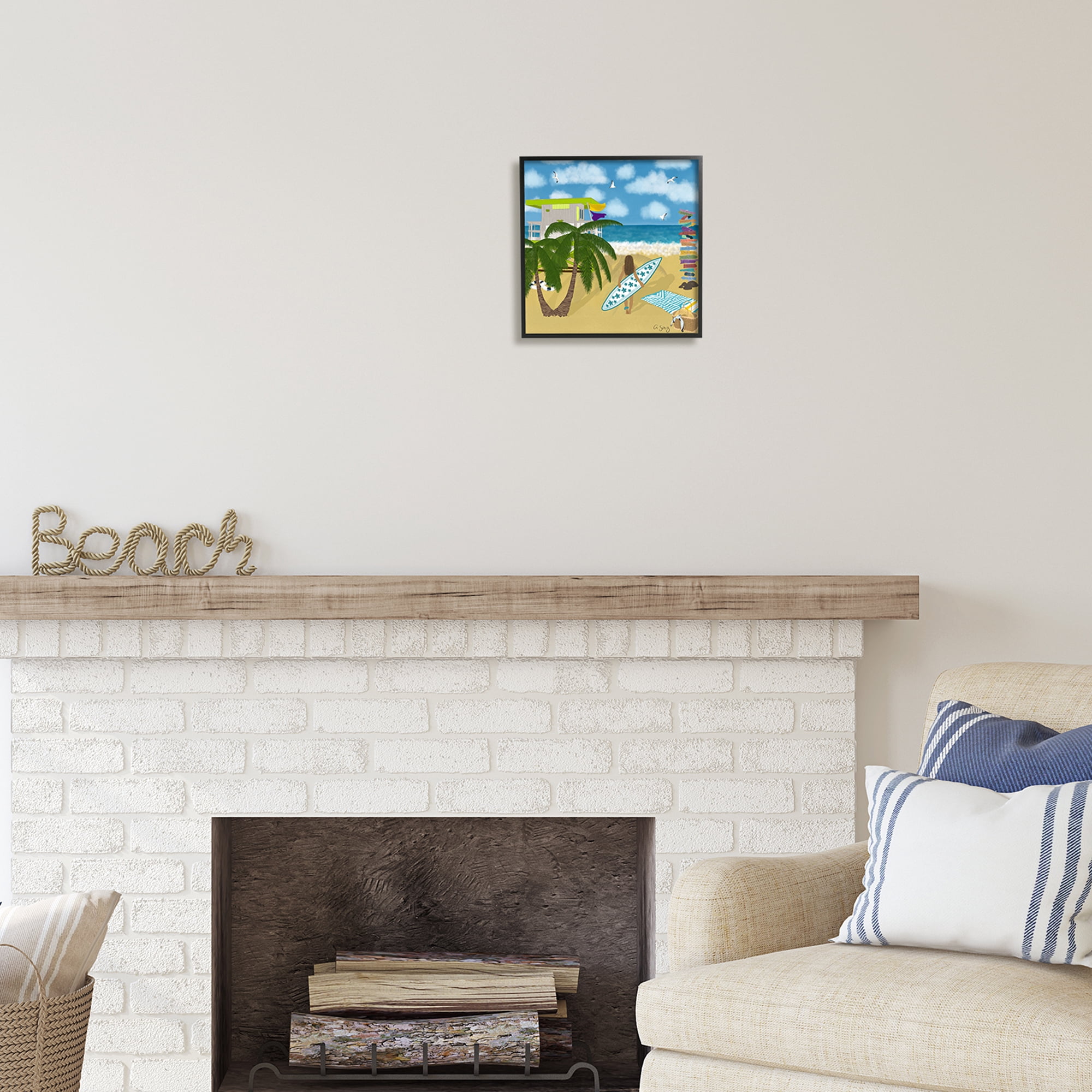 Stupell Industries Surfer Girl Walking Tropical Beach Coastal Painting Black Framed Art Print Wall Art